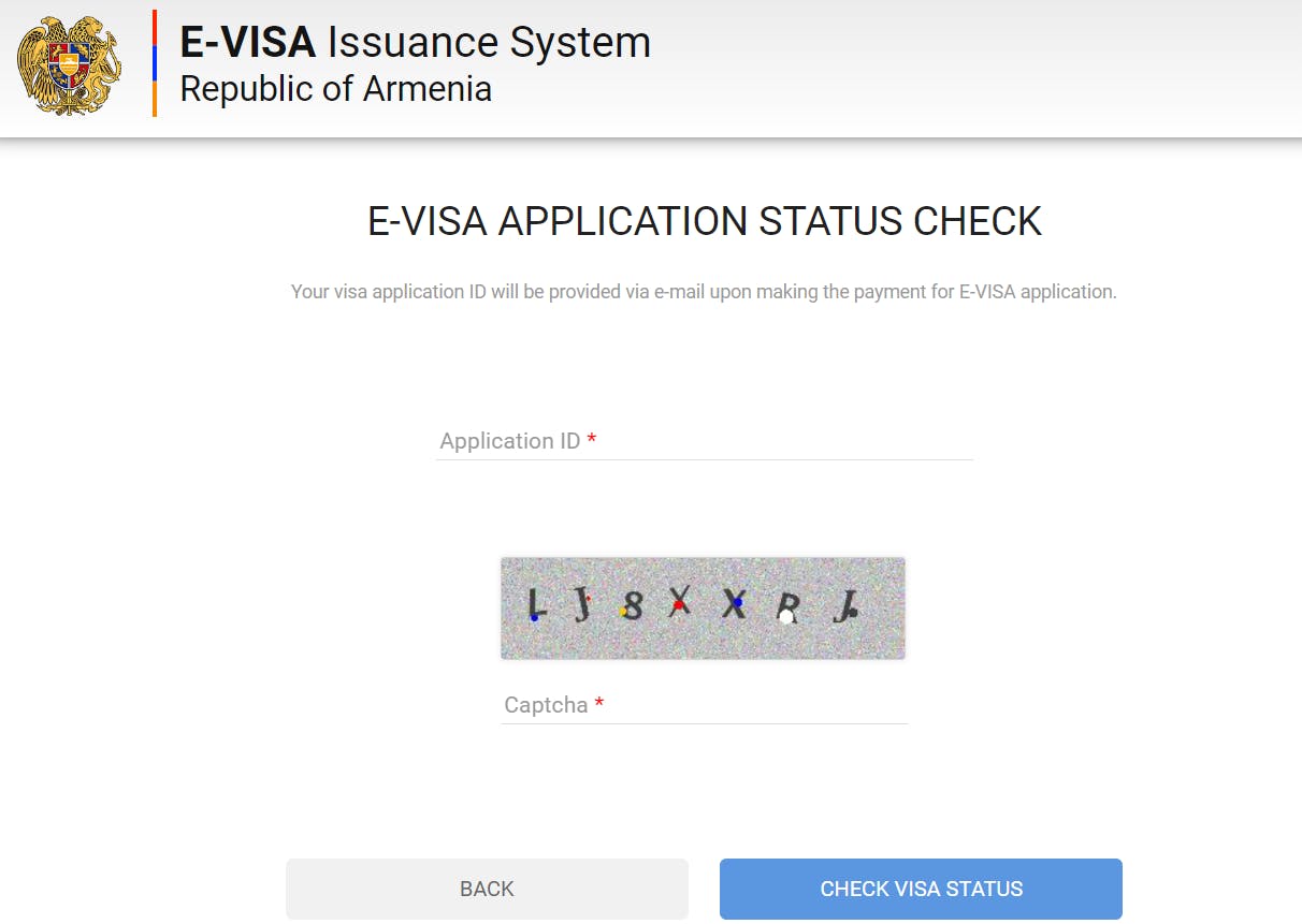 Page for checking your Armenia visa status on the government portal.
