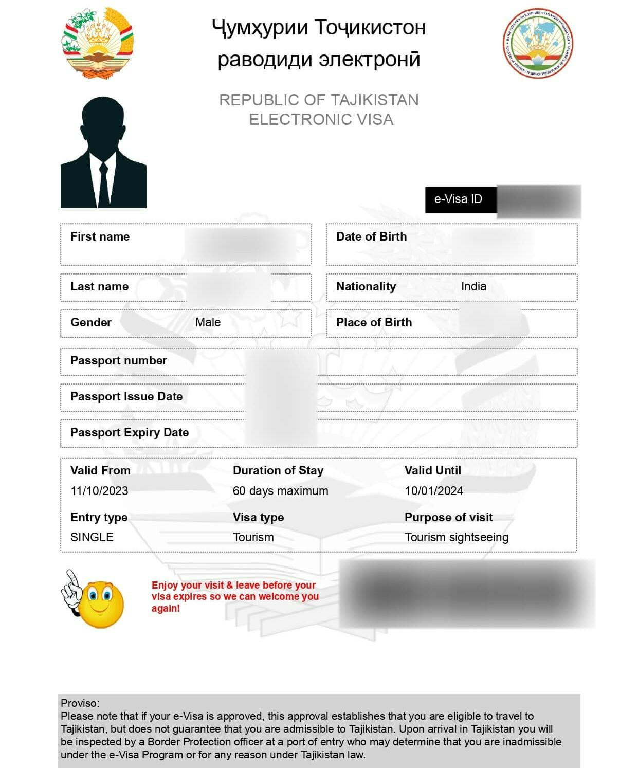 A sample of the Tajikistan e-visa.