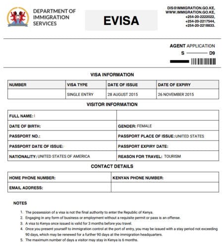 Sample of the Kenya evisa