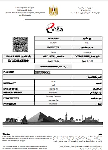 Egyptian e visa sample