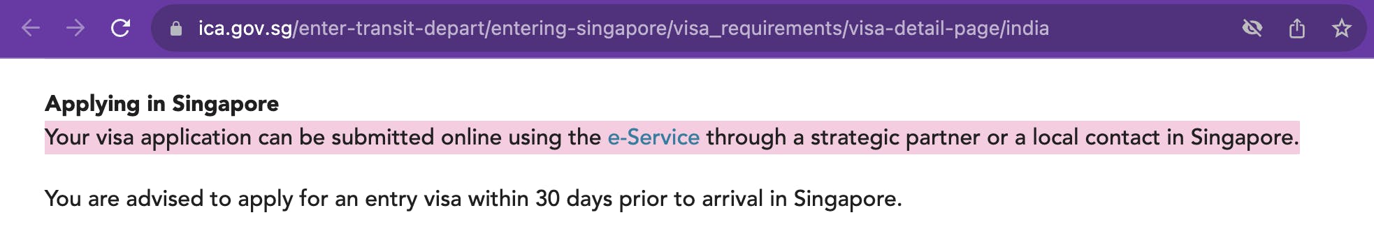 Screenshot of important information about Singapore visa applications for Indians only possible through a strategic partner or a local contact in Singapore.