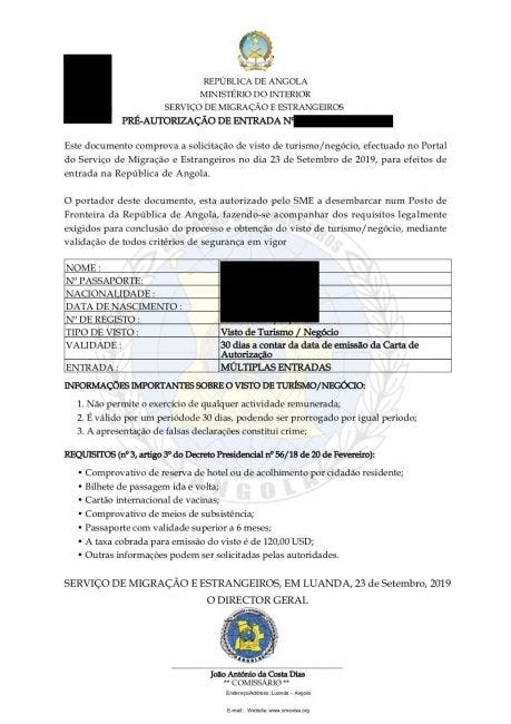 Angola e visa sample