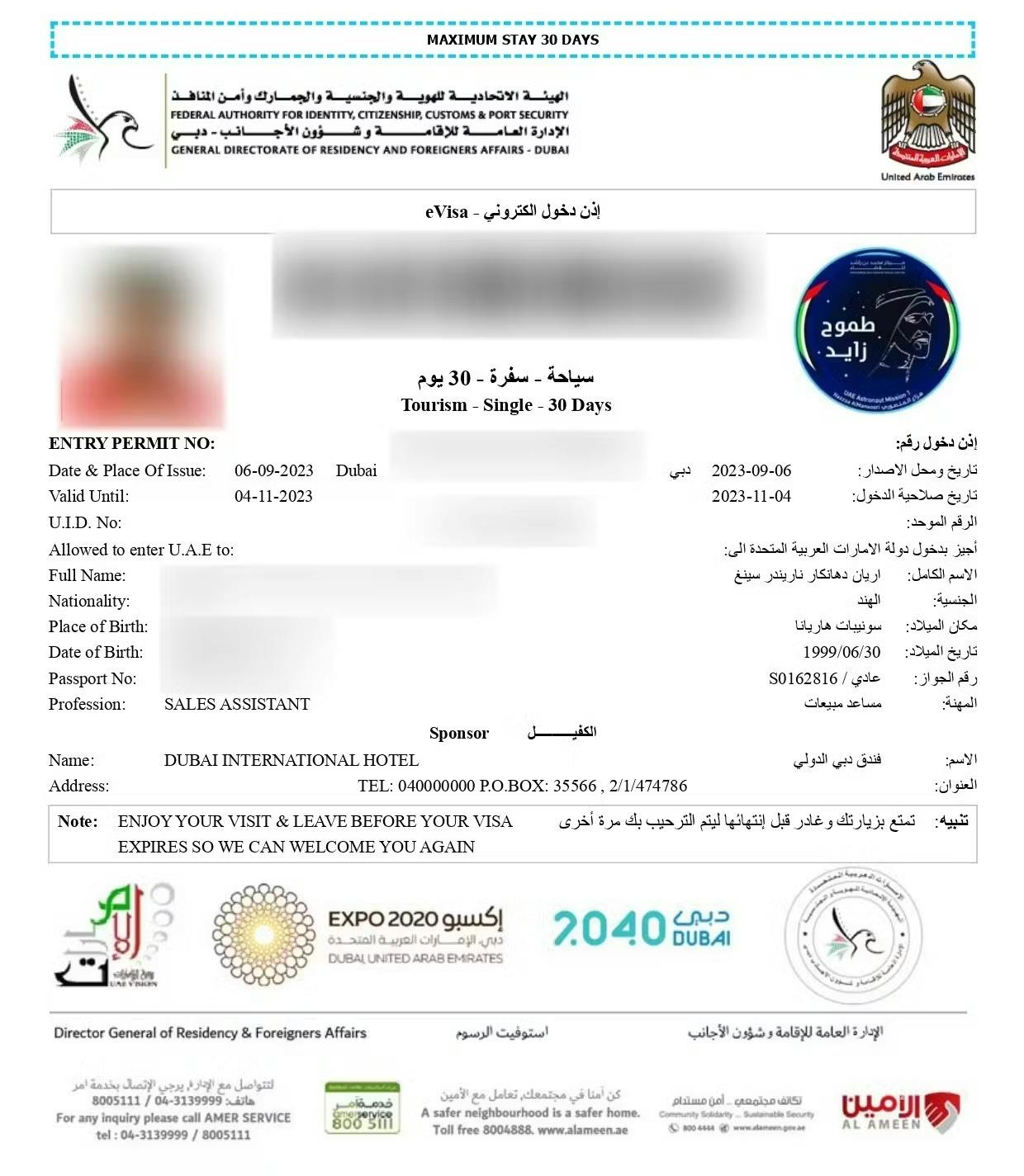 UAE e-visa sample