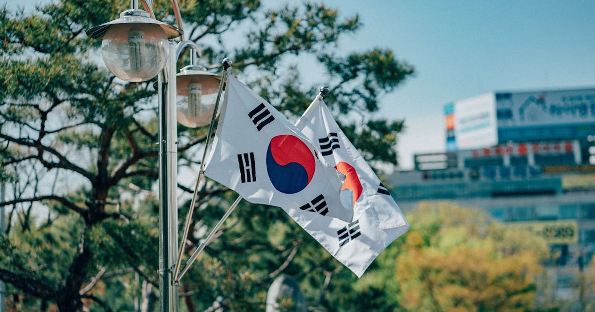 A close-up of South Korean flags on a light post. A sunny day with clear blue skies. Trees and buildings can be seen behind the flag. 