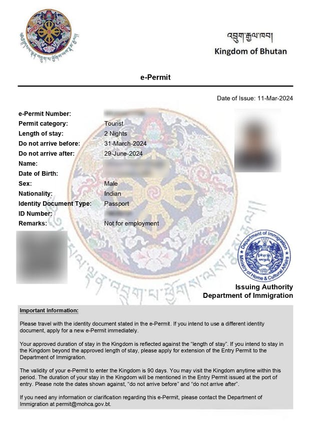 Bhutan e-permit sample.