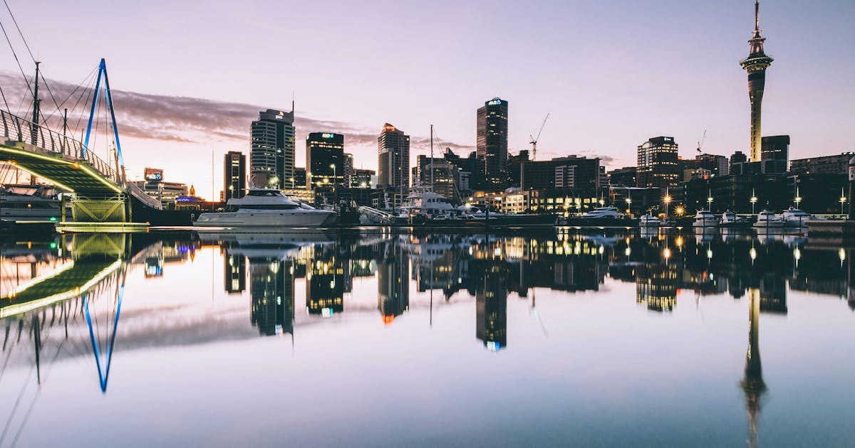 Beautiful city skyline of Auckland, during a vivid sunset
