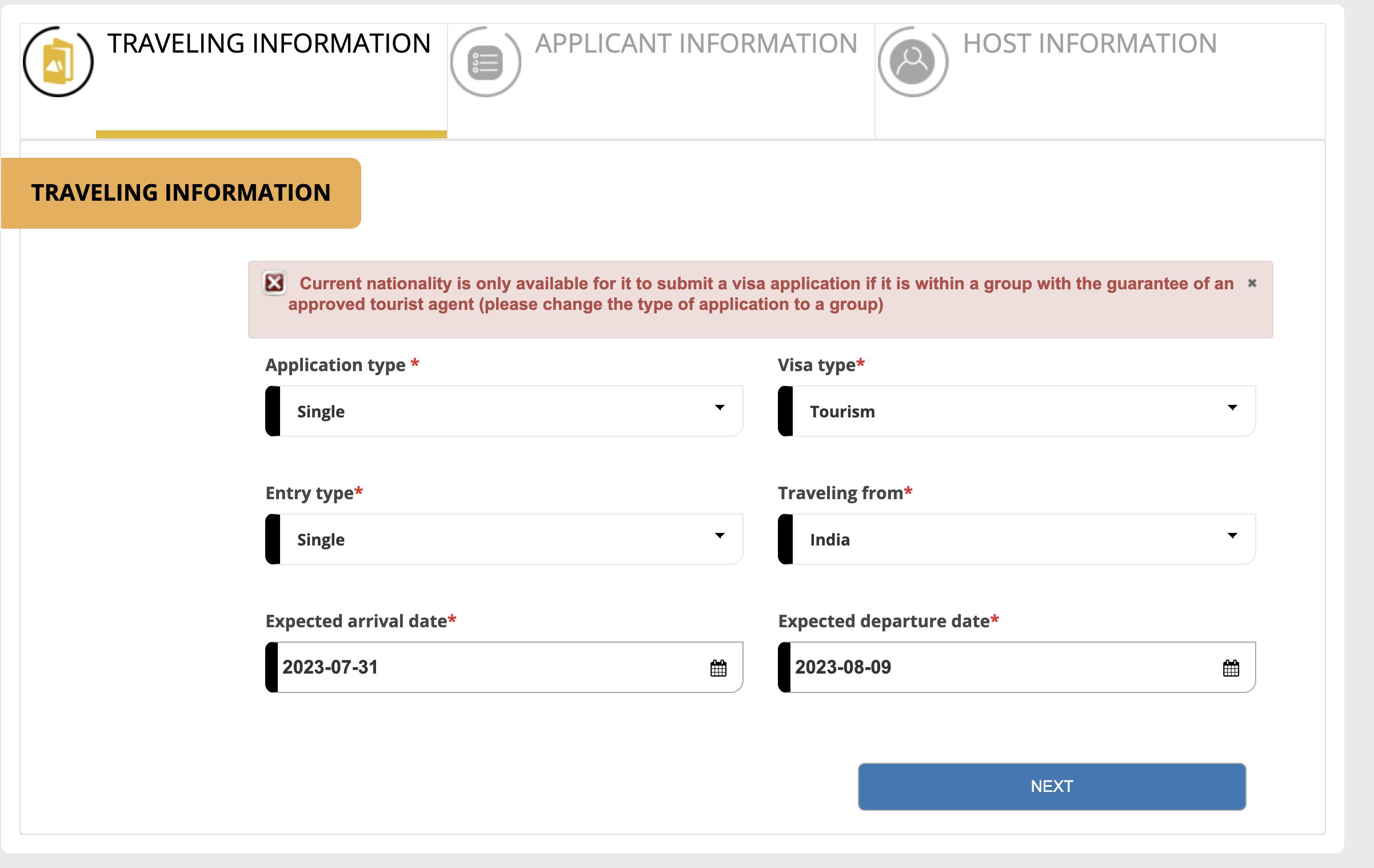 Notification on the Egypt evisa portal when applying for a single person. "guarantee of an approved tourist agent"