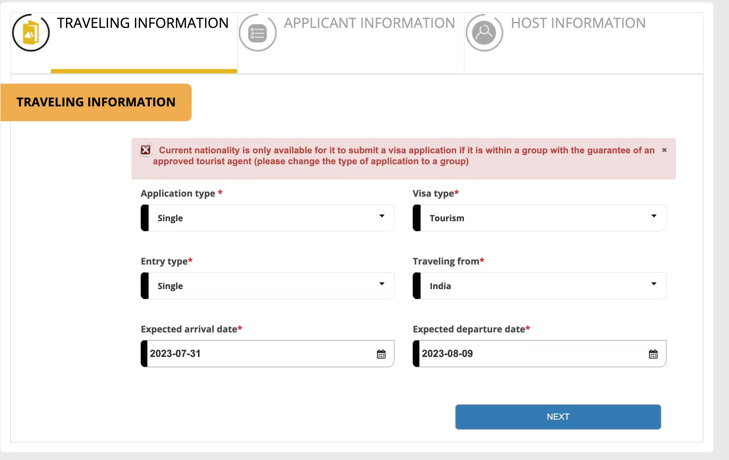 A screenshot indicating the gov requirements when applying in a group.
