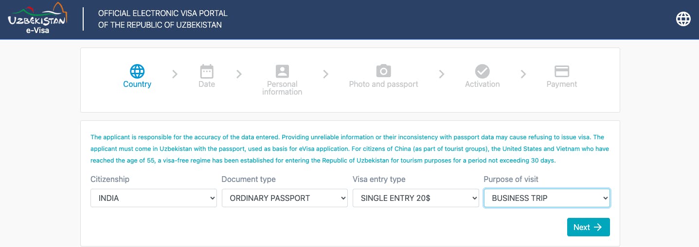 A screenshort of the Uzbeskistan application process