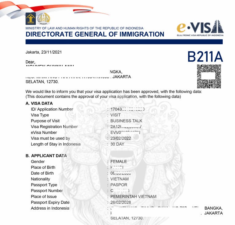 A real sample of the Indonesia e-visa, displaying important entry information.