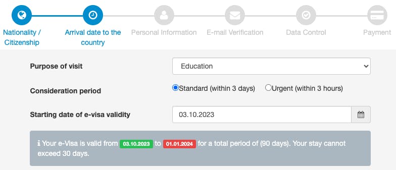 A screenshot of the Government evisa application