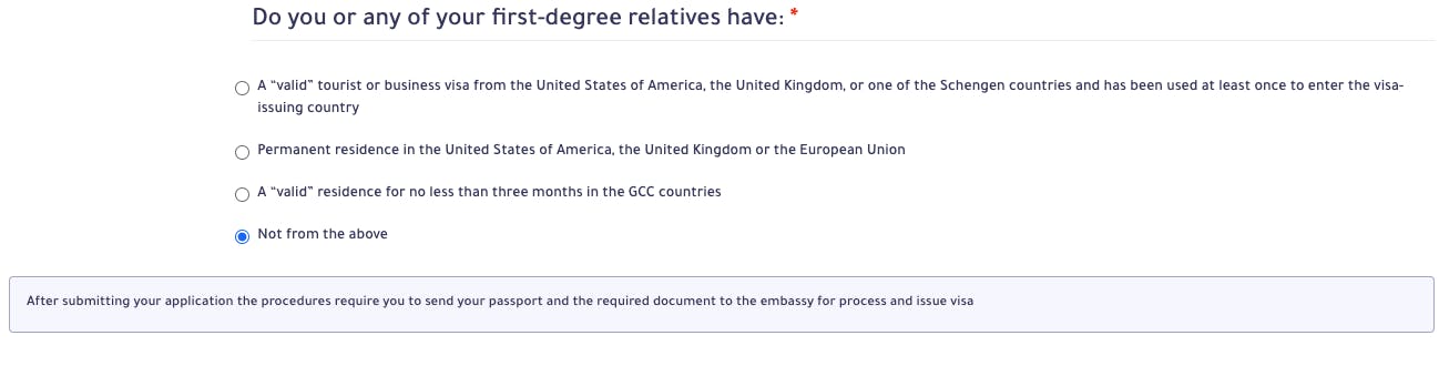 The screenshot shares important information for travellers who are not eligible for the Saudi Arabia e vias.
