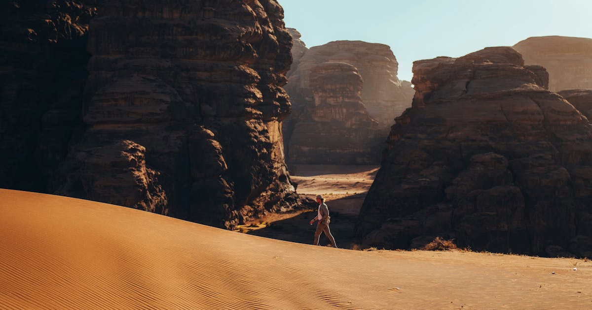 Amongst expansive red sands and spectacular sandstone rock formations, Hisma Desert – NEOM, Saudi Arabia 