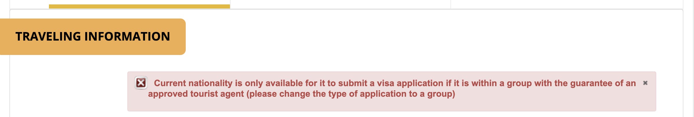 A statement on Egypt goverment portal that states: Current nationality is only available for it to submit a visa application if it is within a group with the guarantee of an * approved tourist agent (please change the type of application to a group).