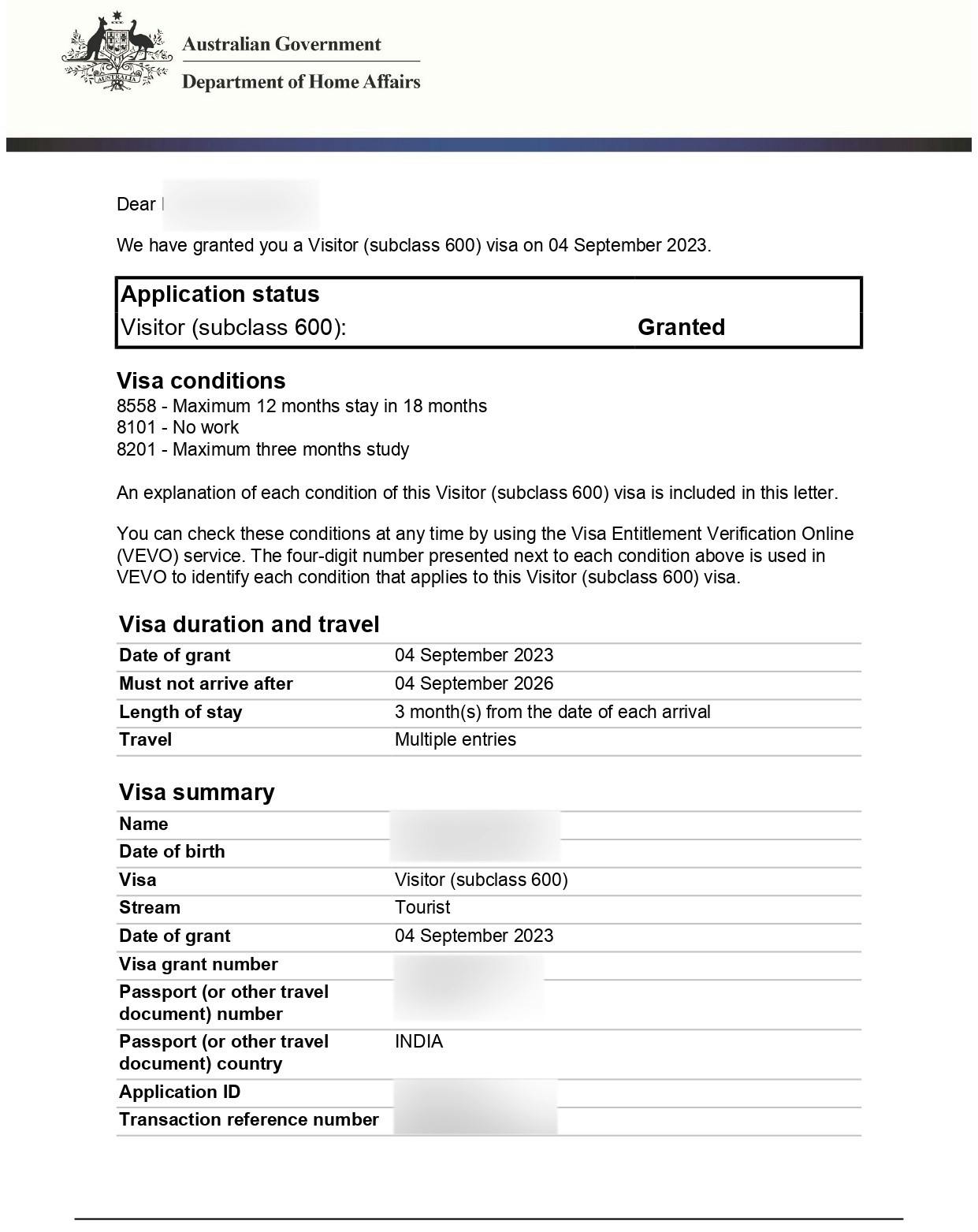 Sample of what the Australia e visa for Indians looks like