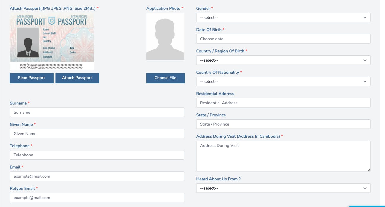 A screen shot of the online visa application for Cambodia