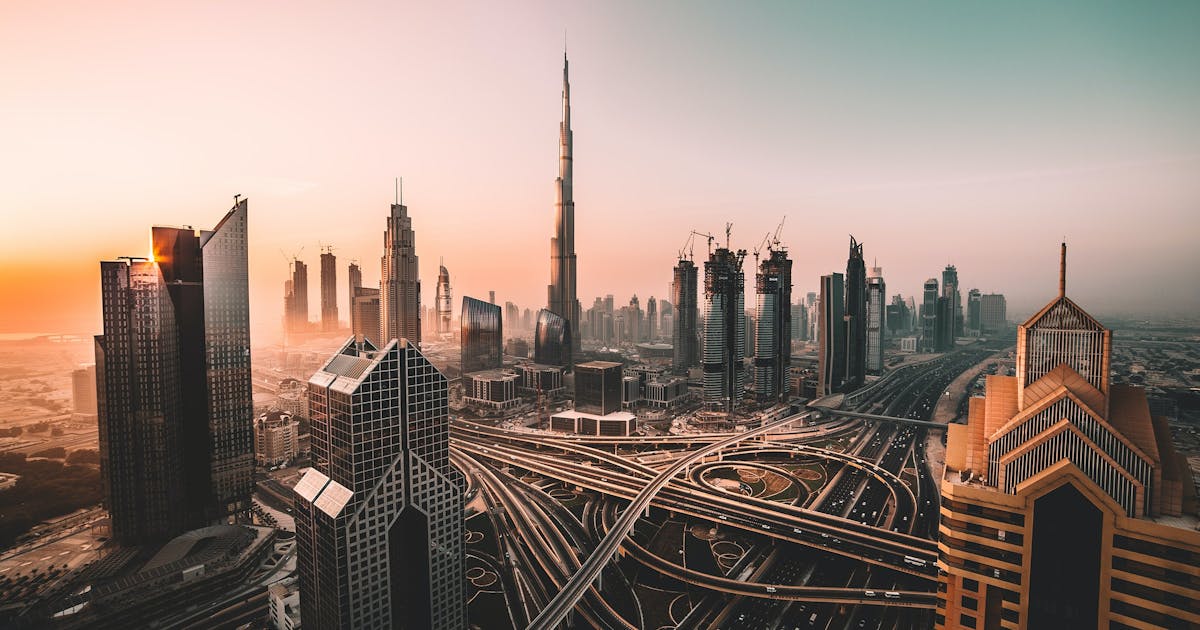 A beautiful sunrise shot of Downtown Dubai and Burj Khalifa.