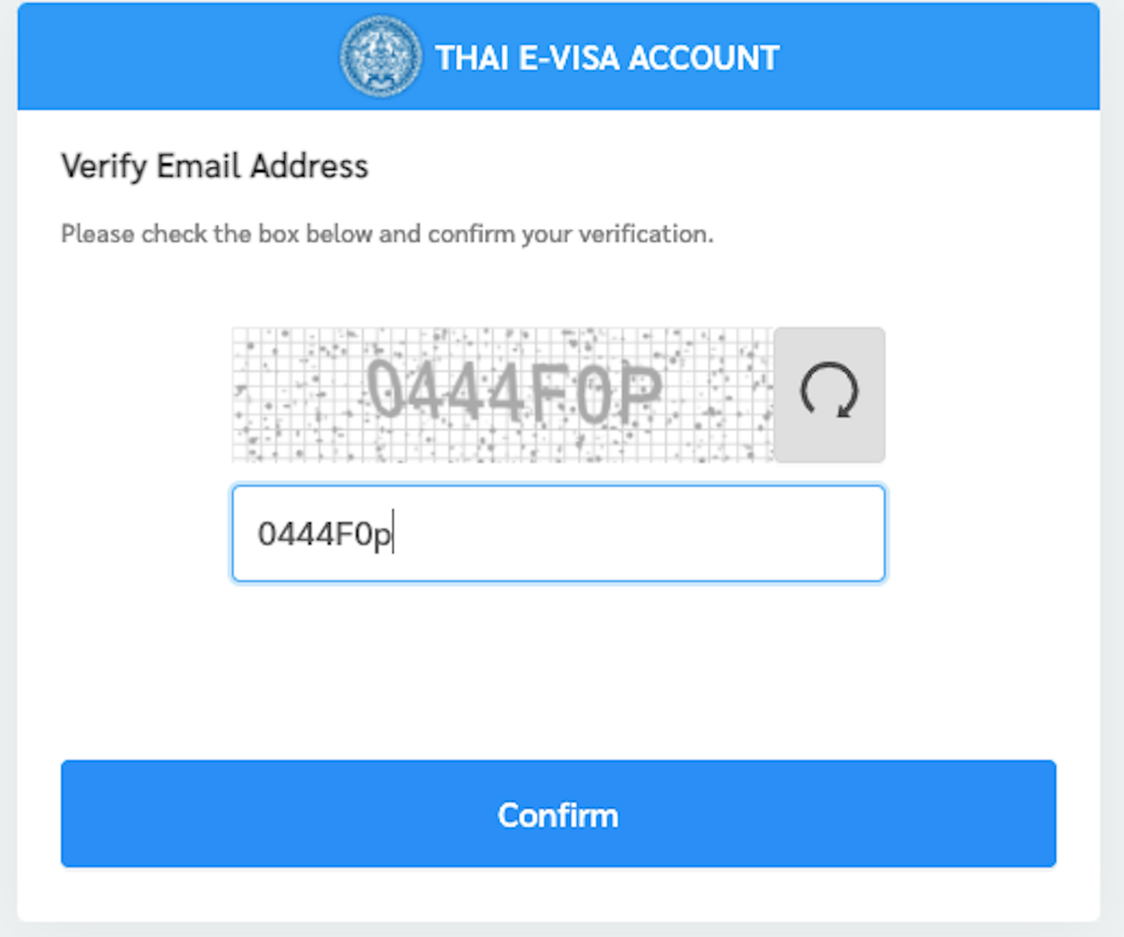 Verifying your e-mail when applying for a Thailand e-visa.