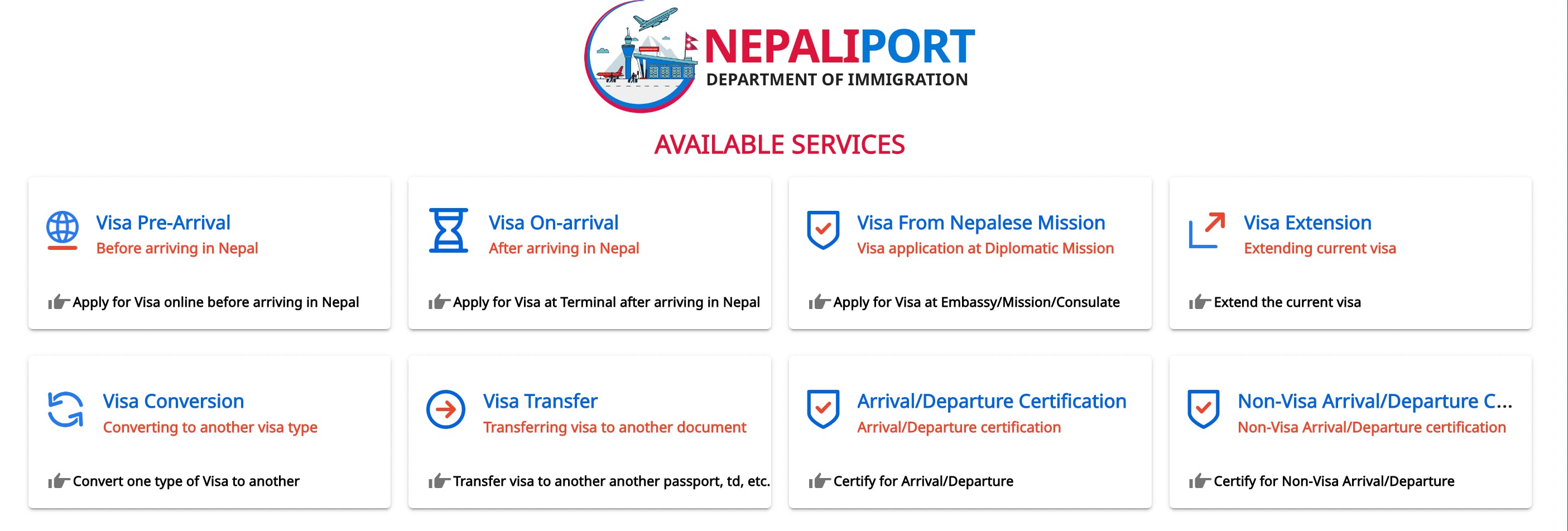 Available services on the Department of Immigration home page