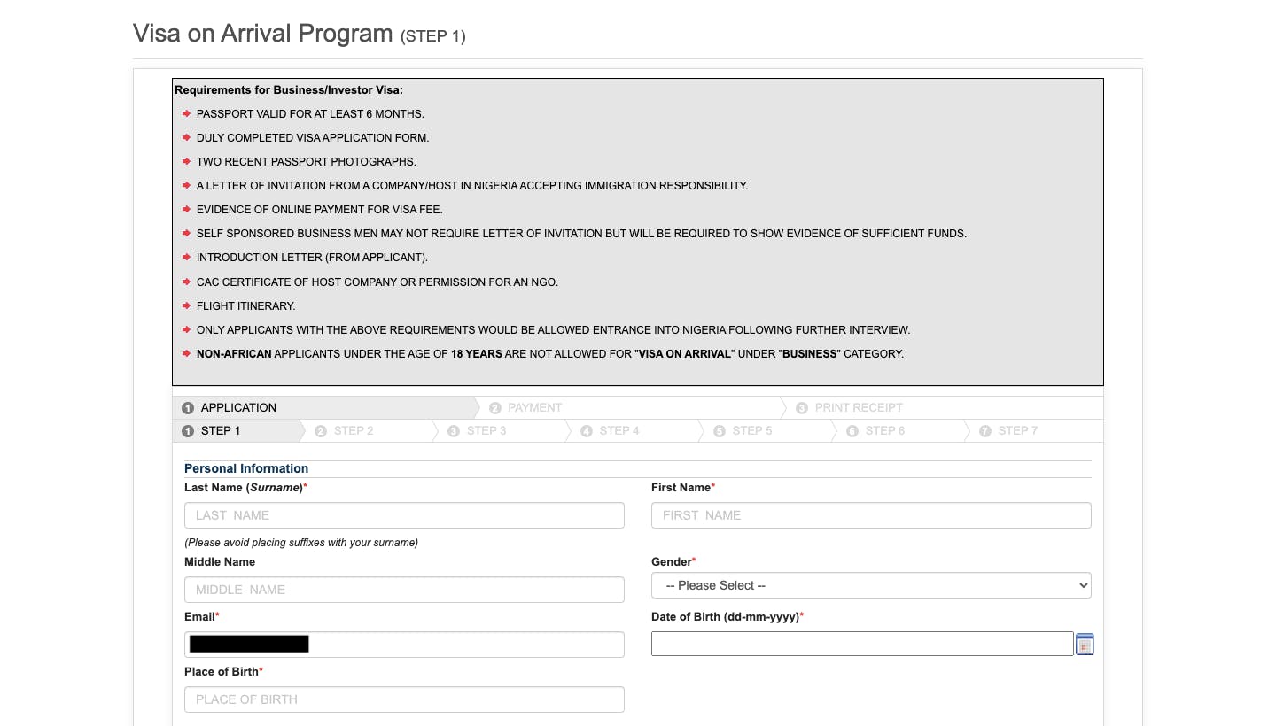 Step 1 of the Visa on arrival program application