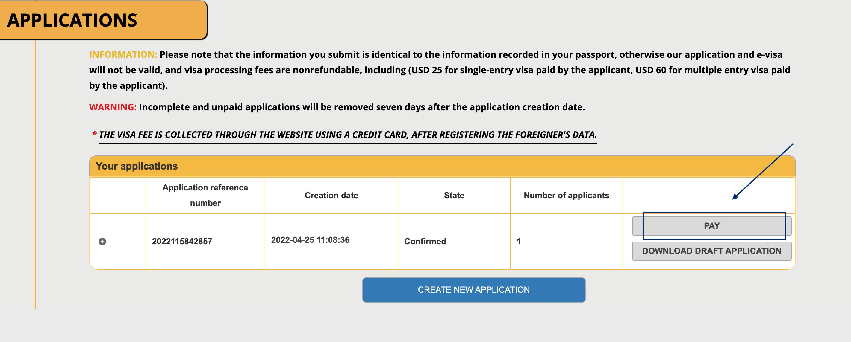 Screenshot of where to pay the Egypt visa application fee on the online portal.