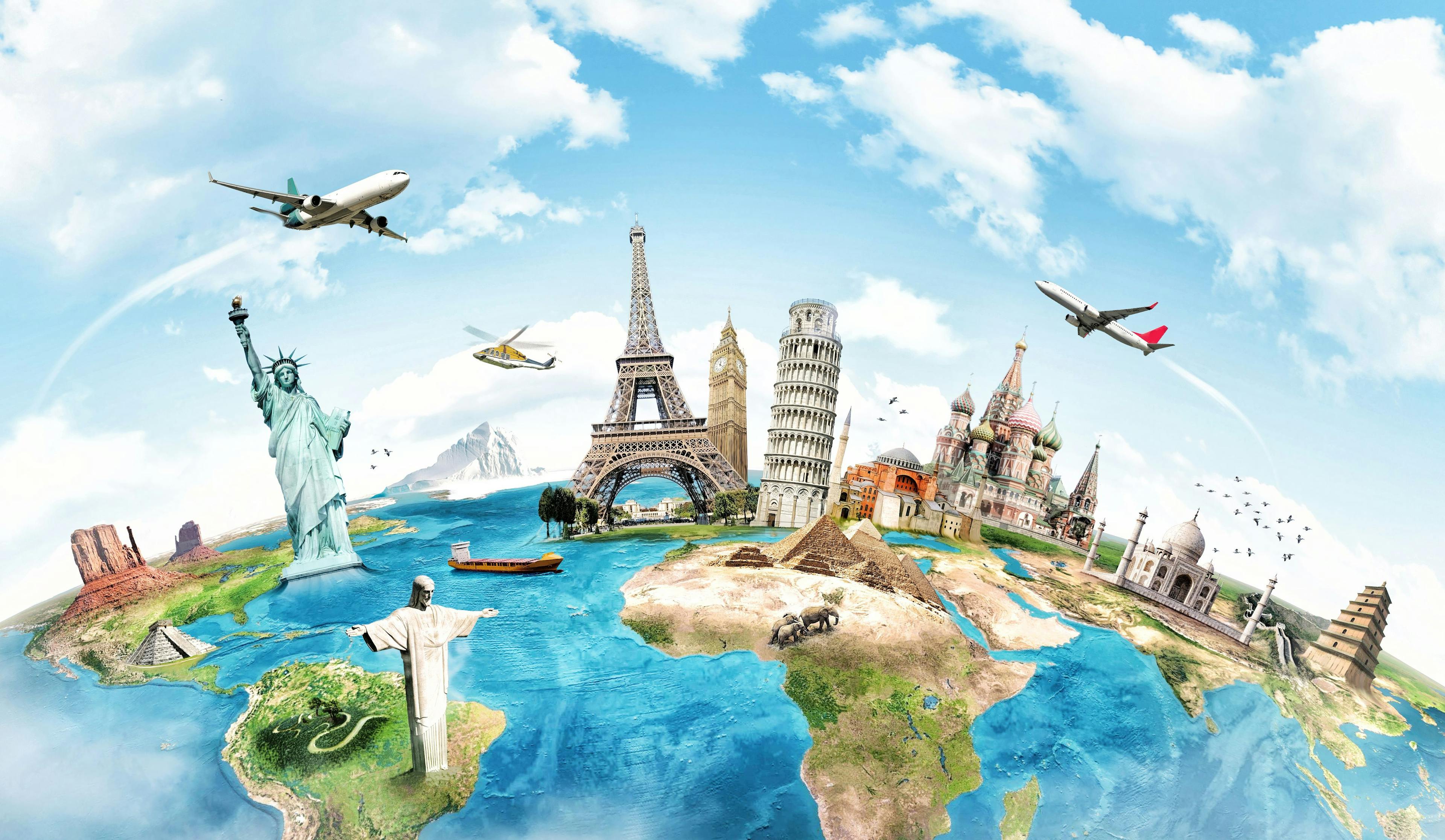 A photo representing famous places to visit, Eiffel tower, statue of Liberty, Great Pyramids, and more.