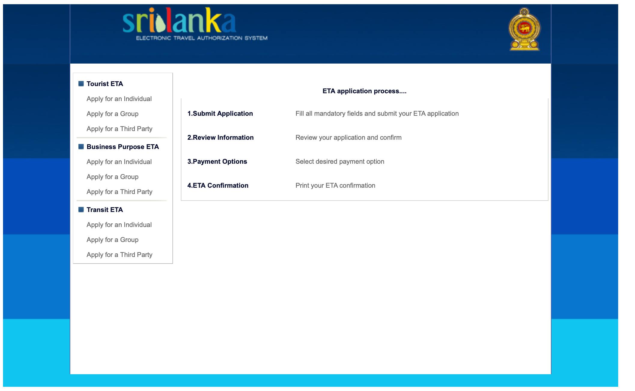A screenshot of the Sri Lanka ETA portal