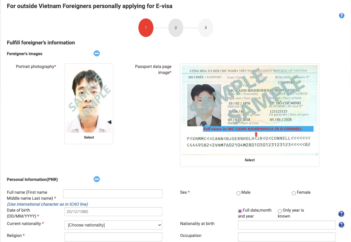 Vietnam e-visa online appliction step 1.