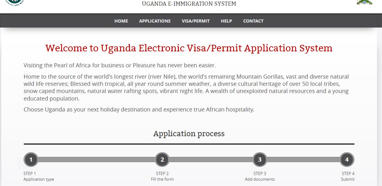 A screenshot of the Uganda evisa portal