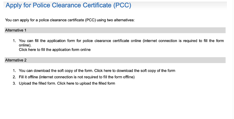A document showing the two ways to apply for the Police Clearance Certificate. 