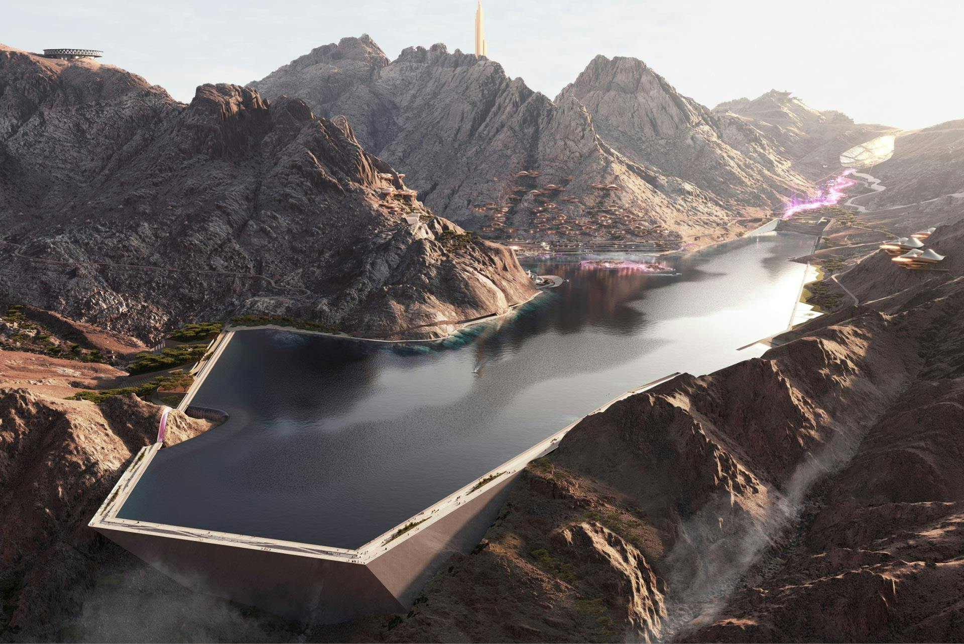 Man-made dam full of water surrounded by mountains.