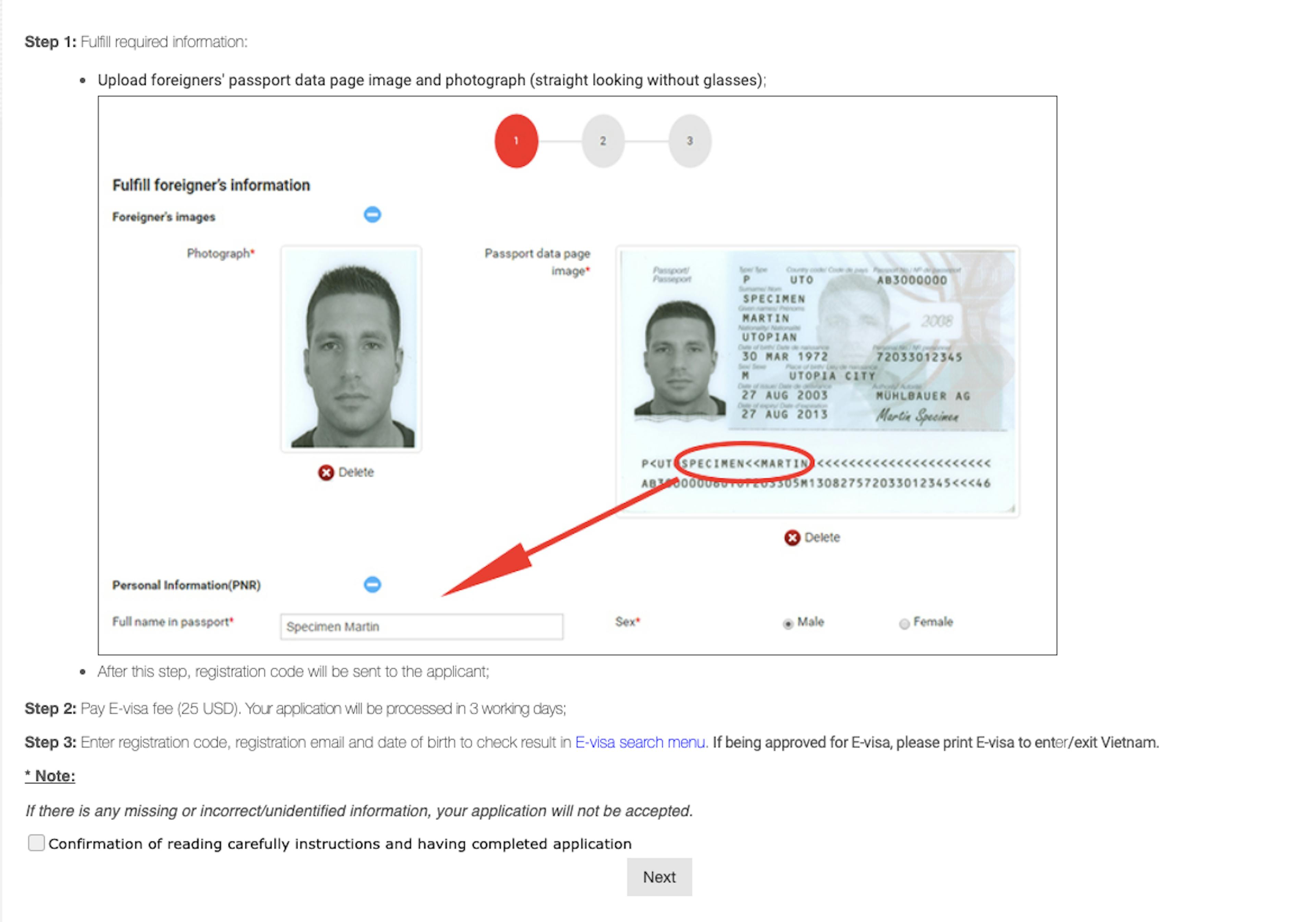 Step to upload your digital photo when completing your Vietnam e-visa application.