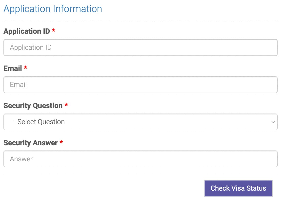A screenshot of a check status portal, with the application information need to check your status