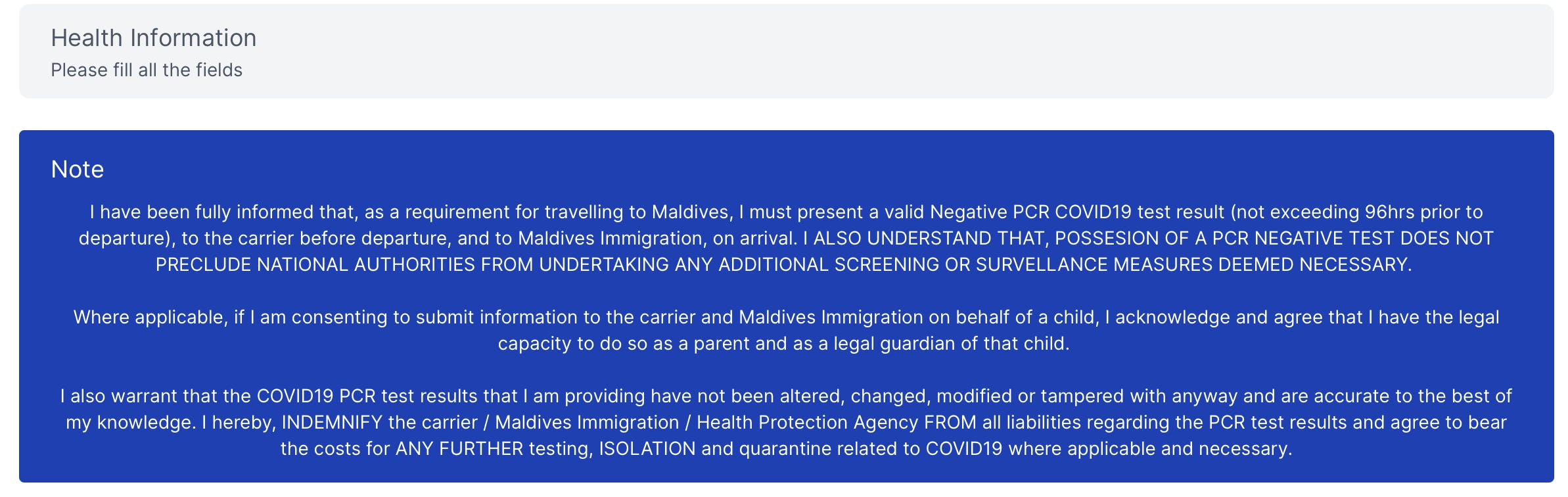 Health requirements on the Maldives Immigration Portal
