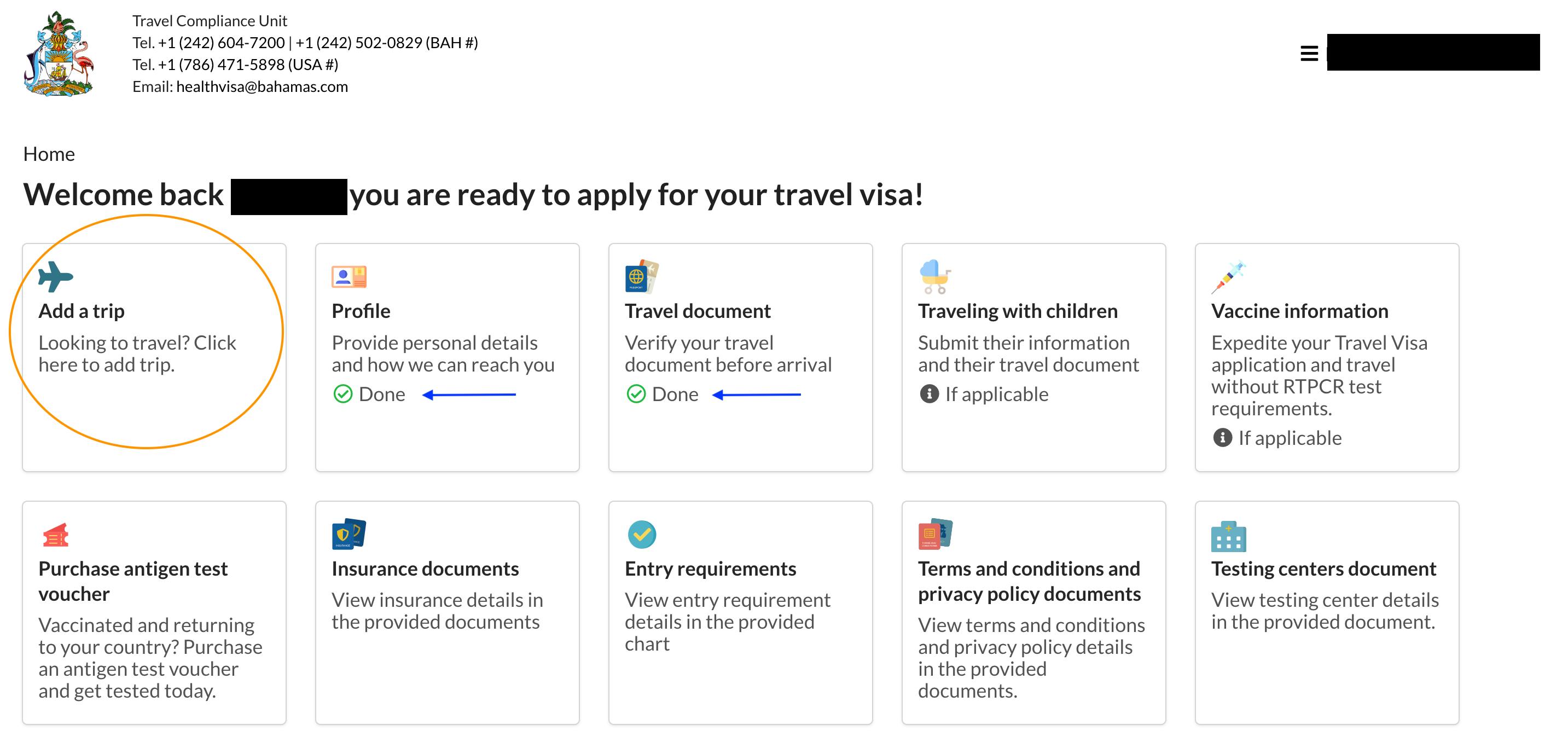 travel health visa bahamas login