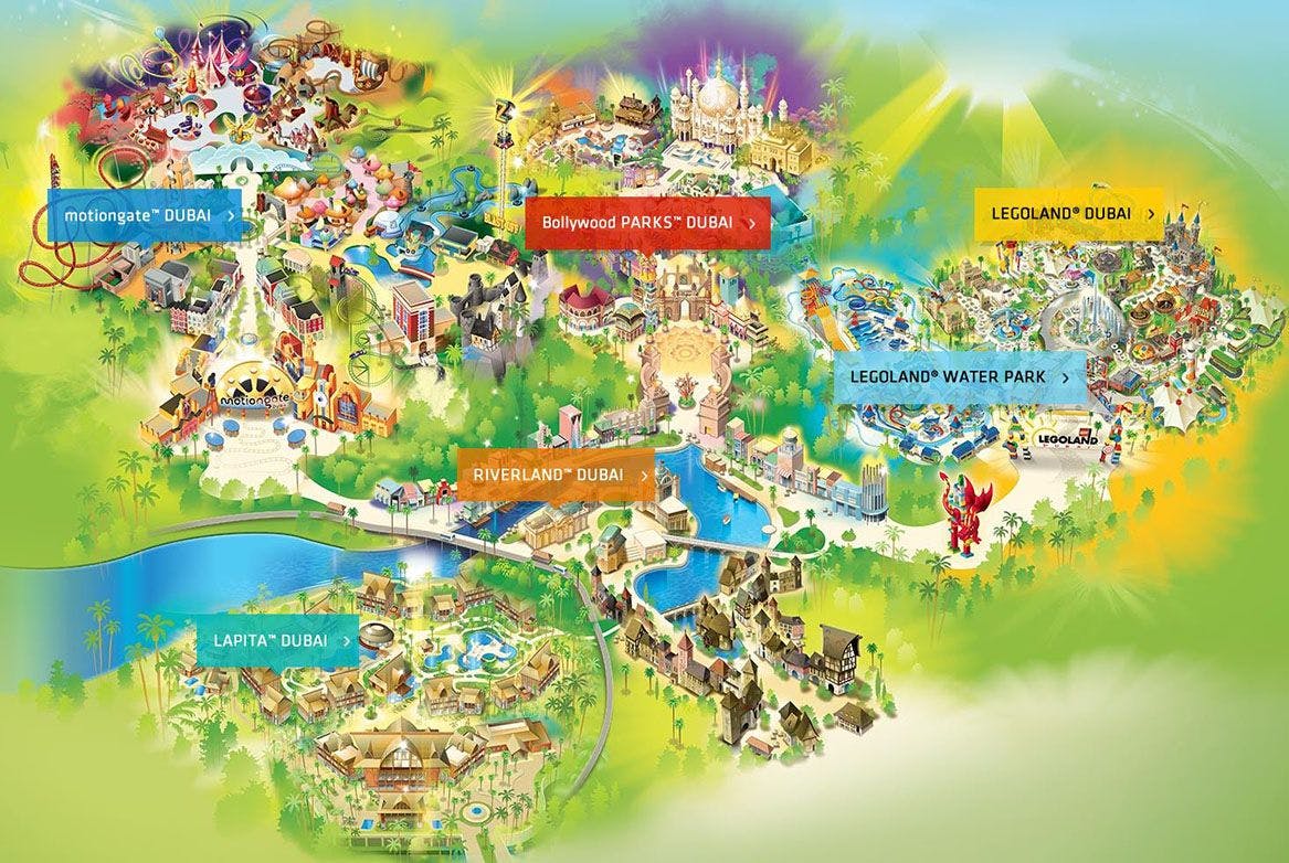 A map of different theme parks in Dubai