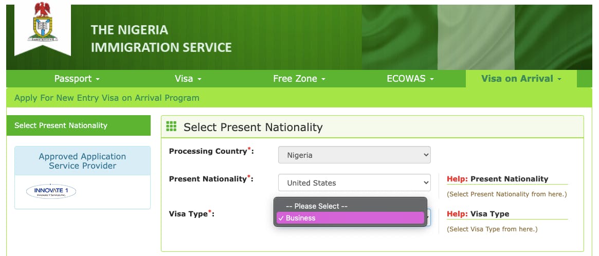 The Visa On Arrival section of the Nigeria Immigration service website