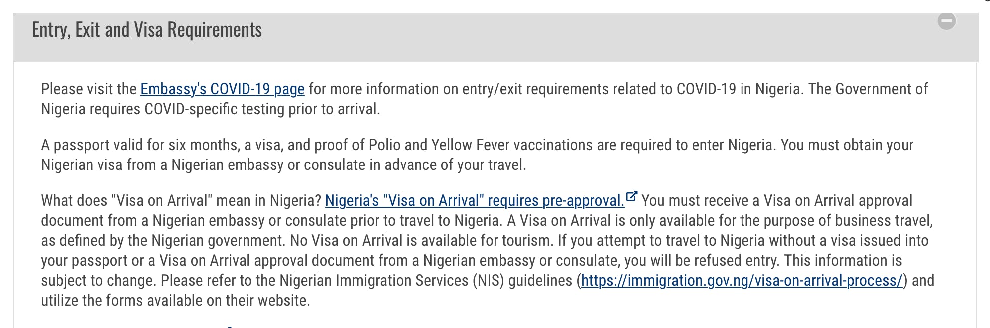Nigeria Visa on arrival details for US citizens on the travel.state.gov