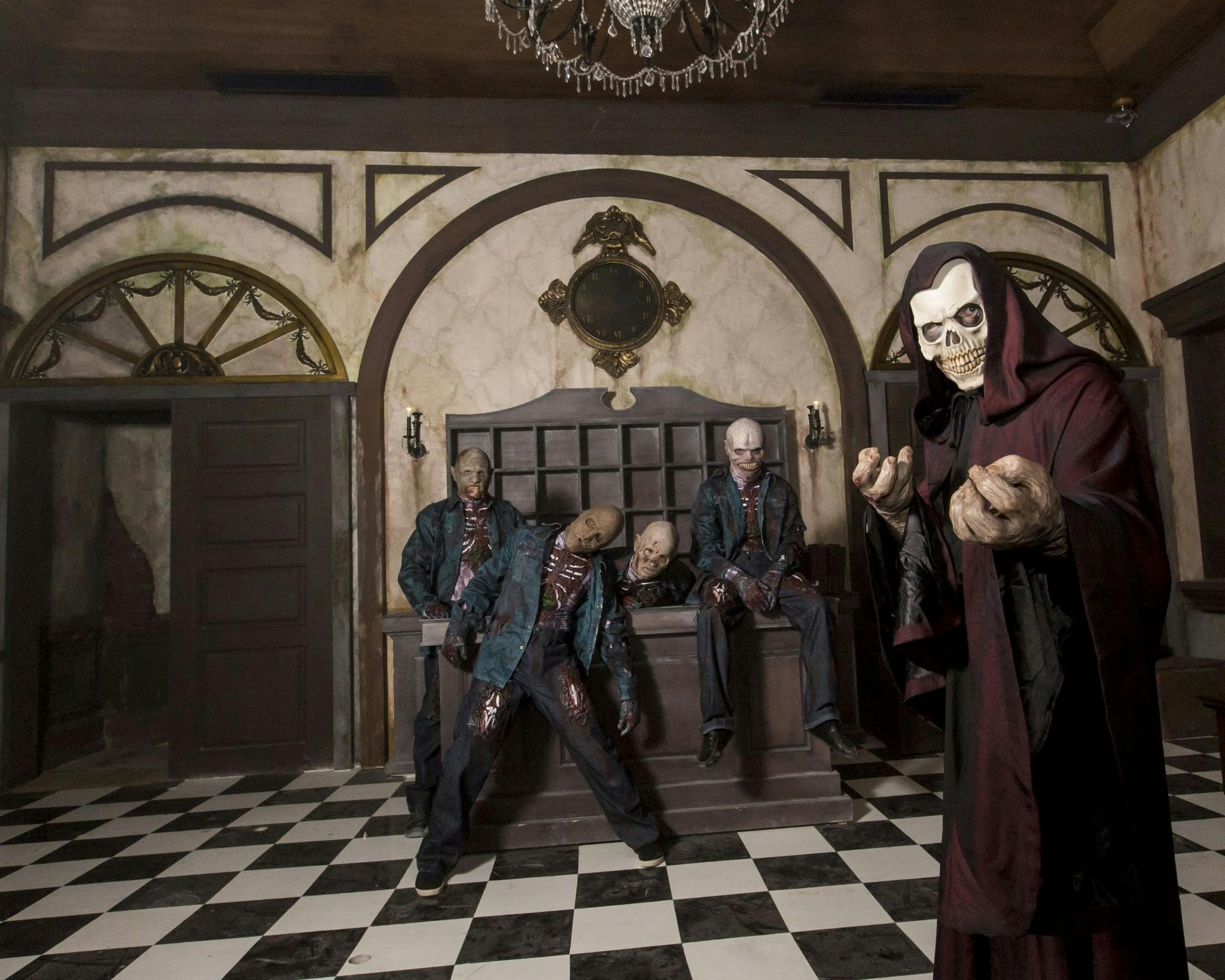 Room of checkered floor tiles with haunted mannnequins.