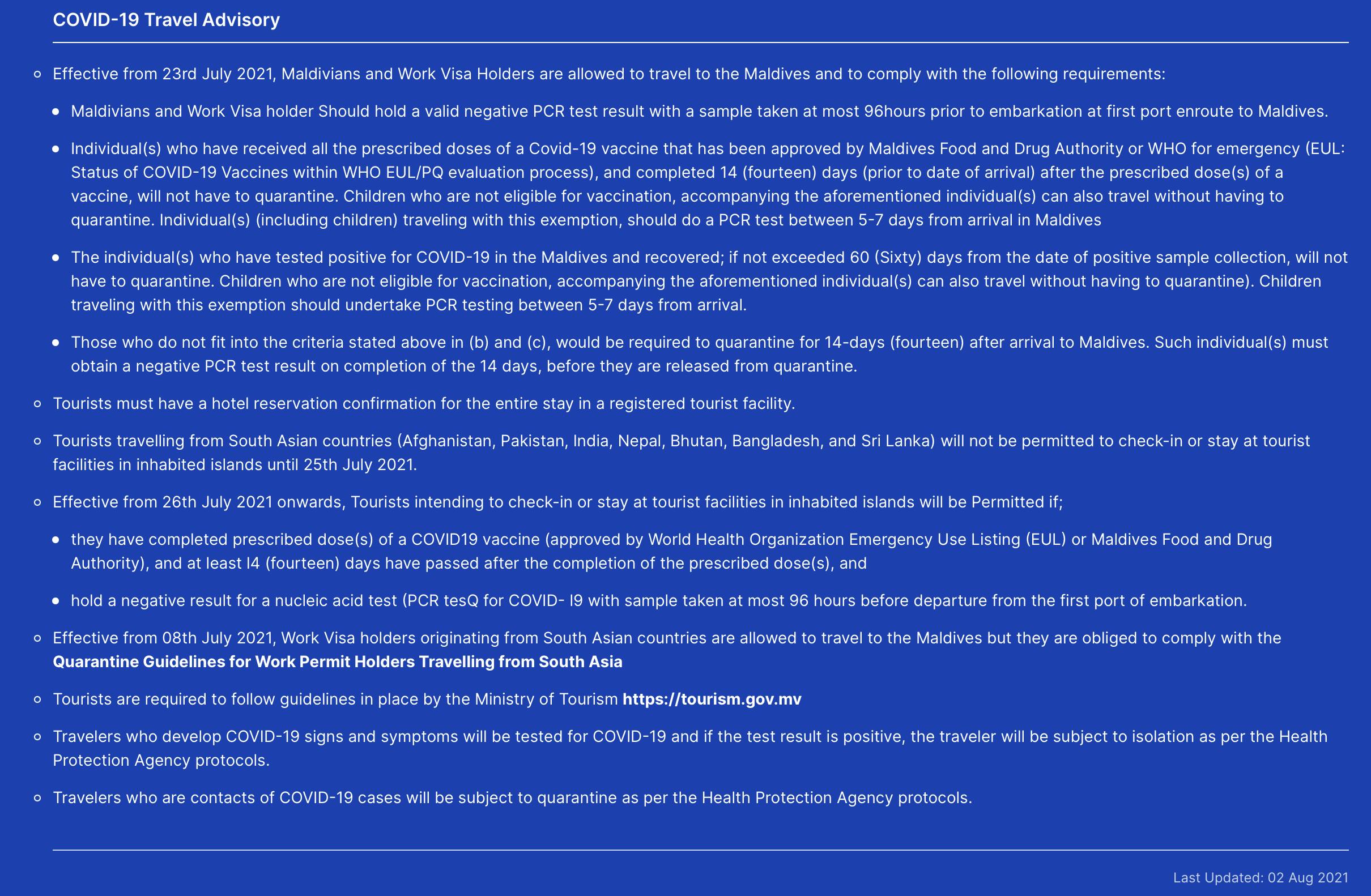 Covid-19 Travel advisory that can be found on the Maldives Immigration portal