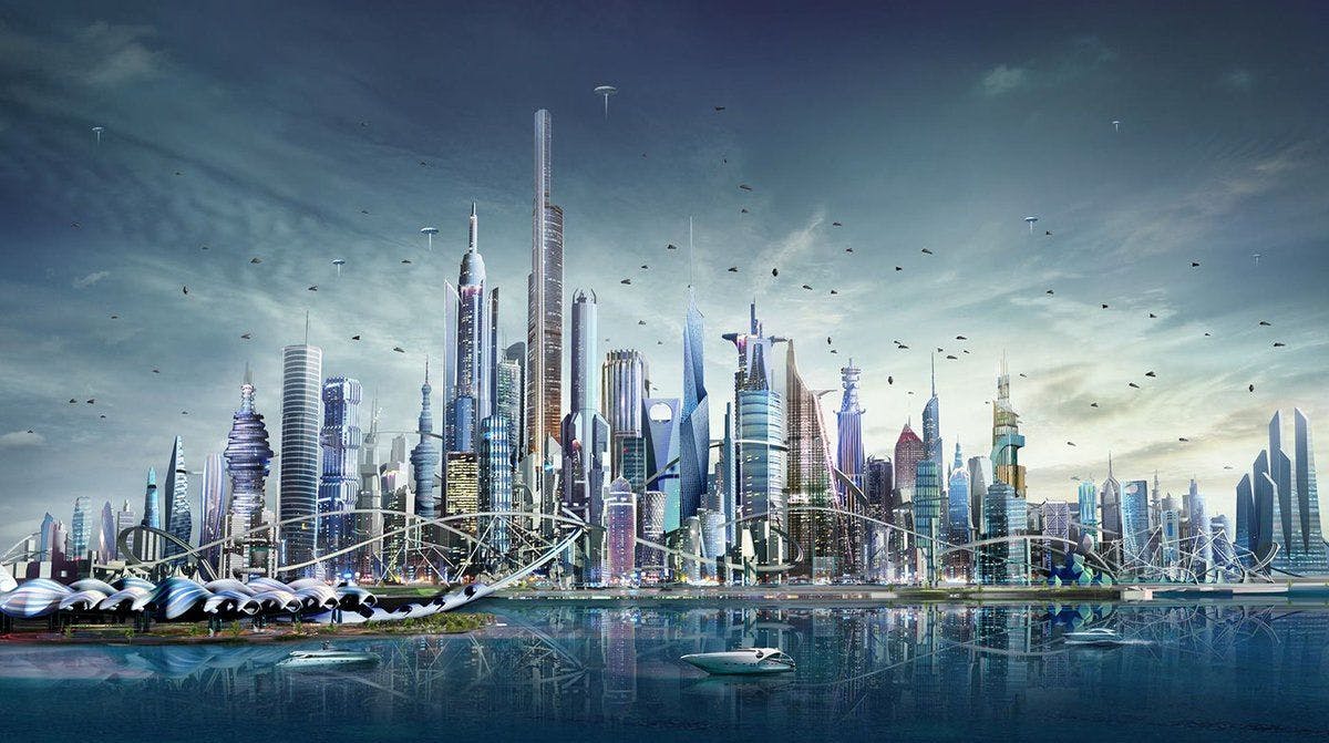 Boats on a body of water infront of a futuristic city with high-rise buildings and flying objects.