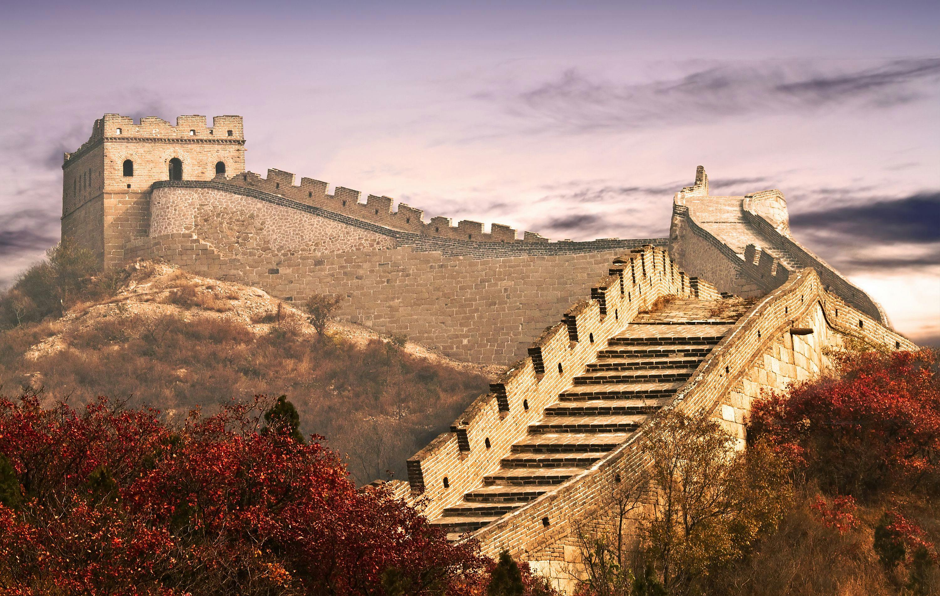 Two red bushes infront of the Great Wall of China.