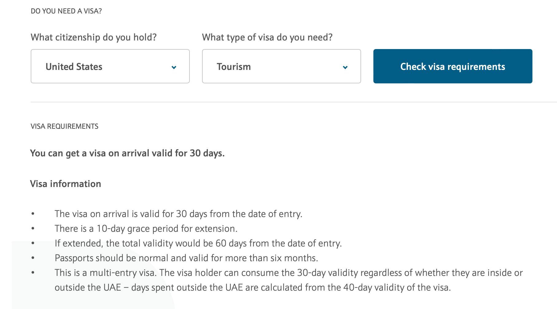 UAE visa on arrival details on the Government website