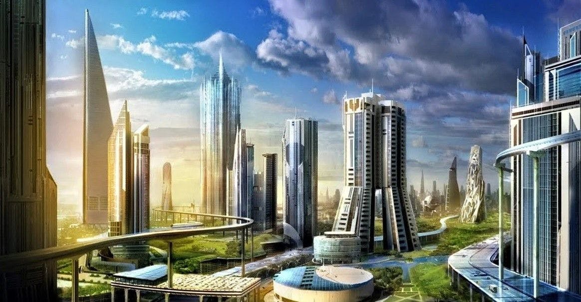 Futuristic city with green ground coverings between high buildings.