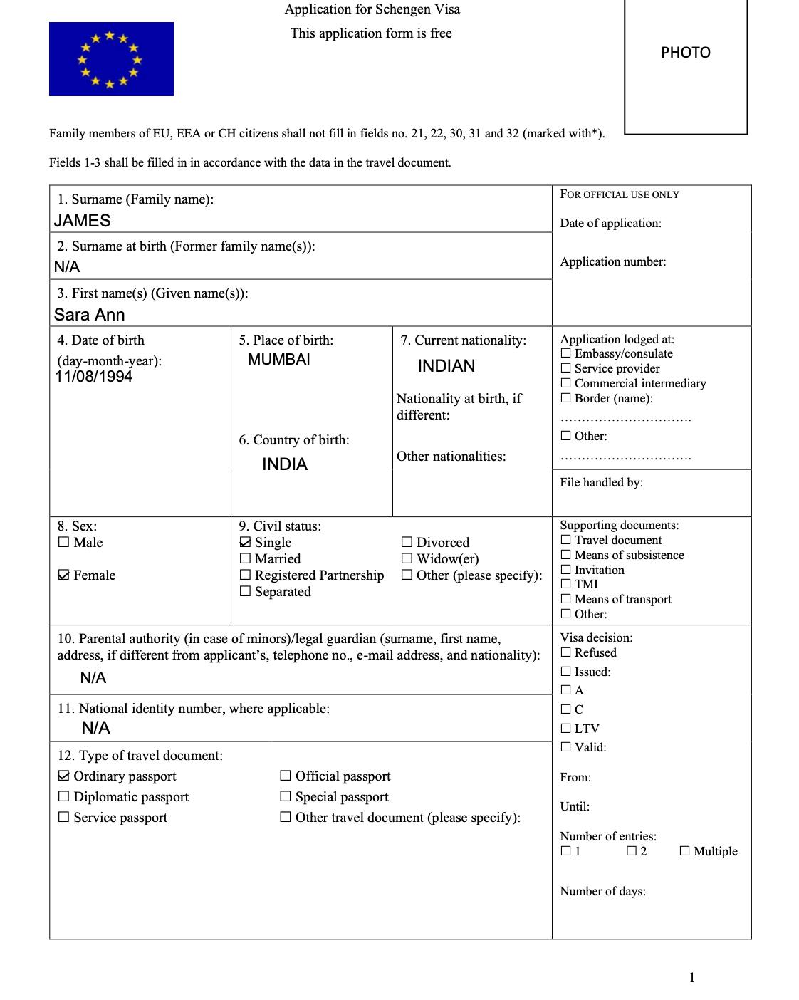 Page 1 of the Schengen visa application form
