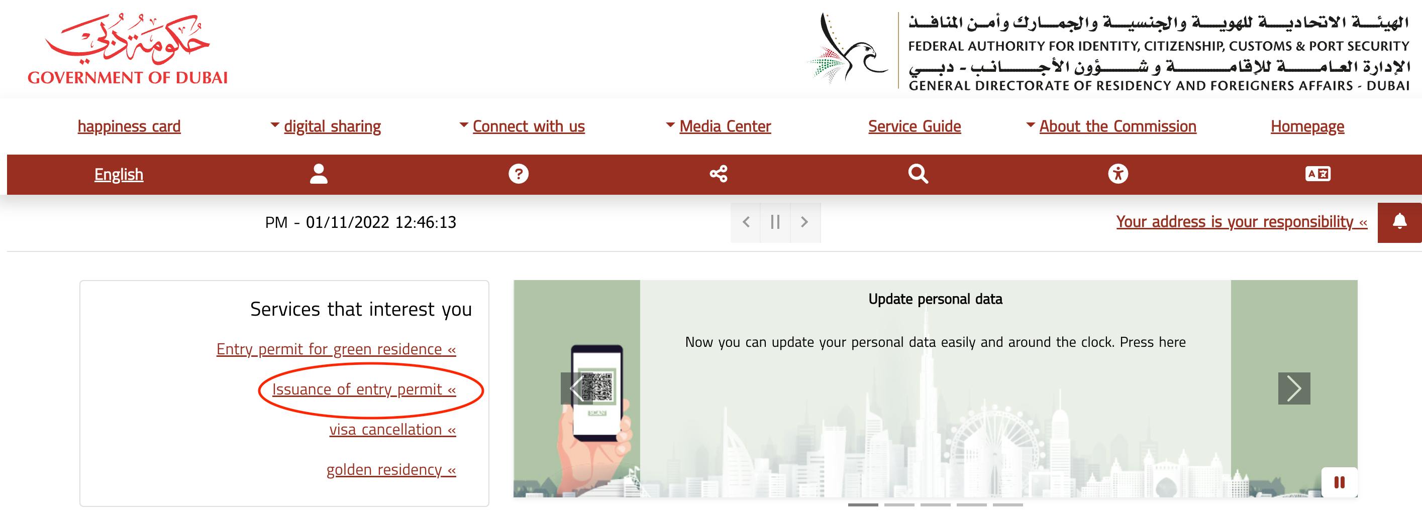 Government of Dubai e-visa portal when applying for an entry permit.