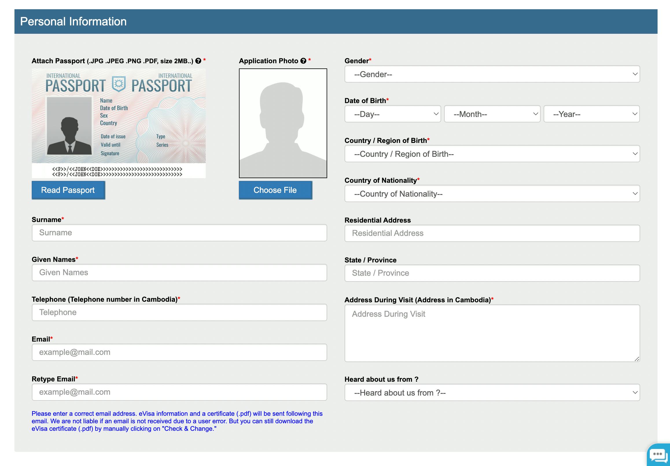 Application form for the Cambodia evisa on the evisa portal.