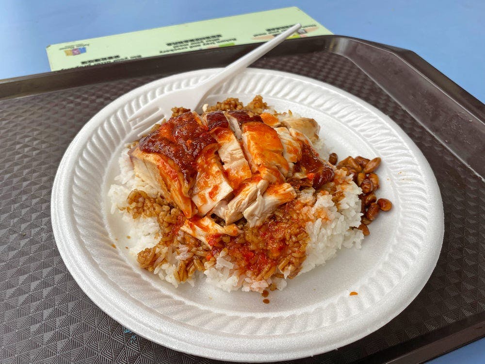 Chicken and rice served in a white dish with a plastic fork.