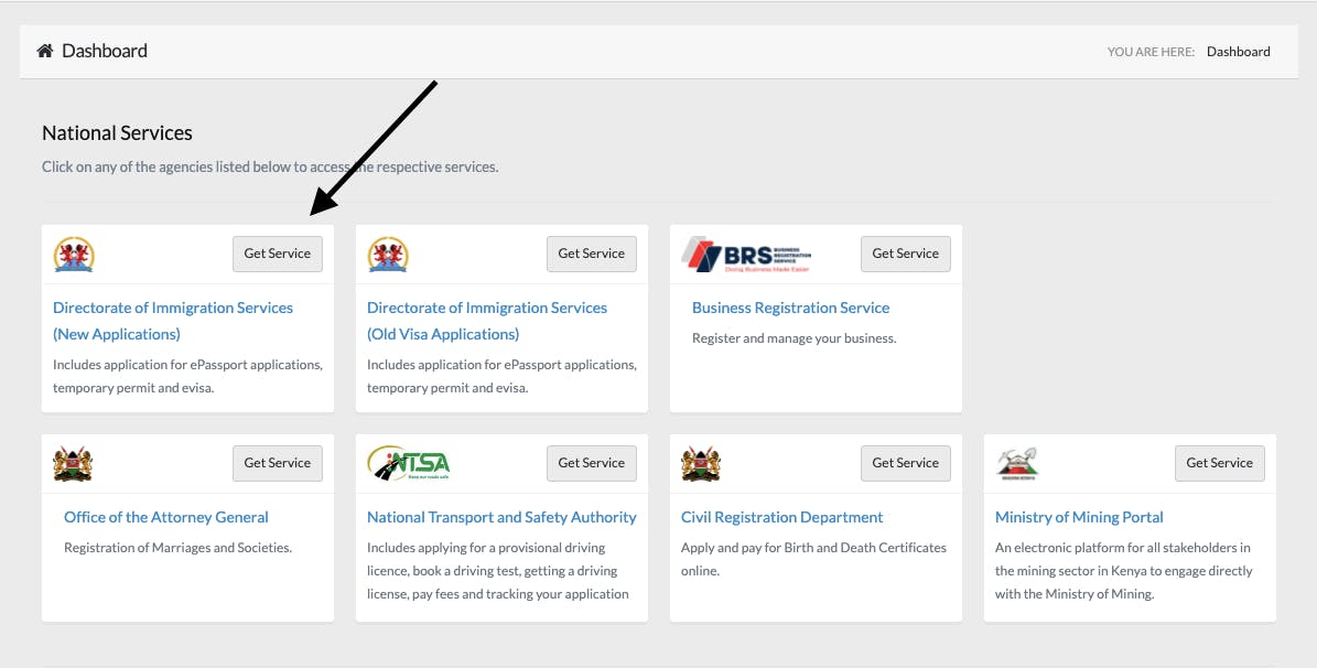 Start your Kenya evisa application on the Kenya dashboard