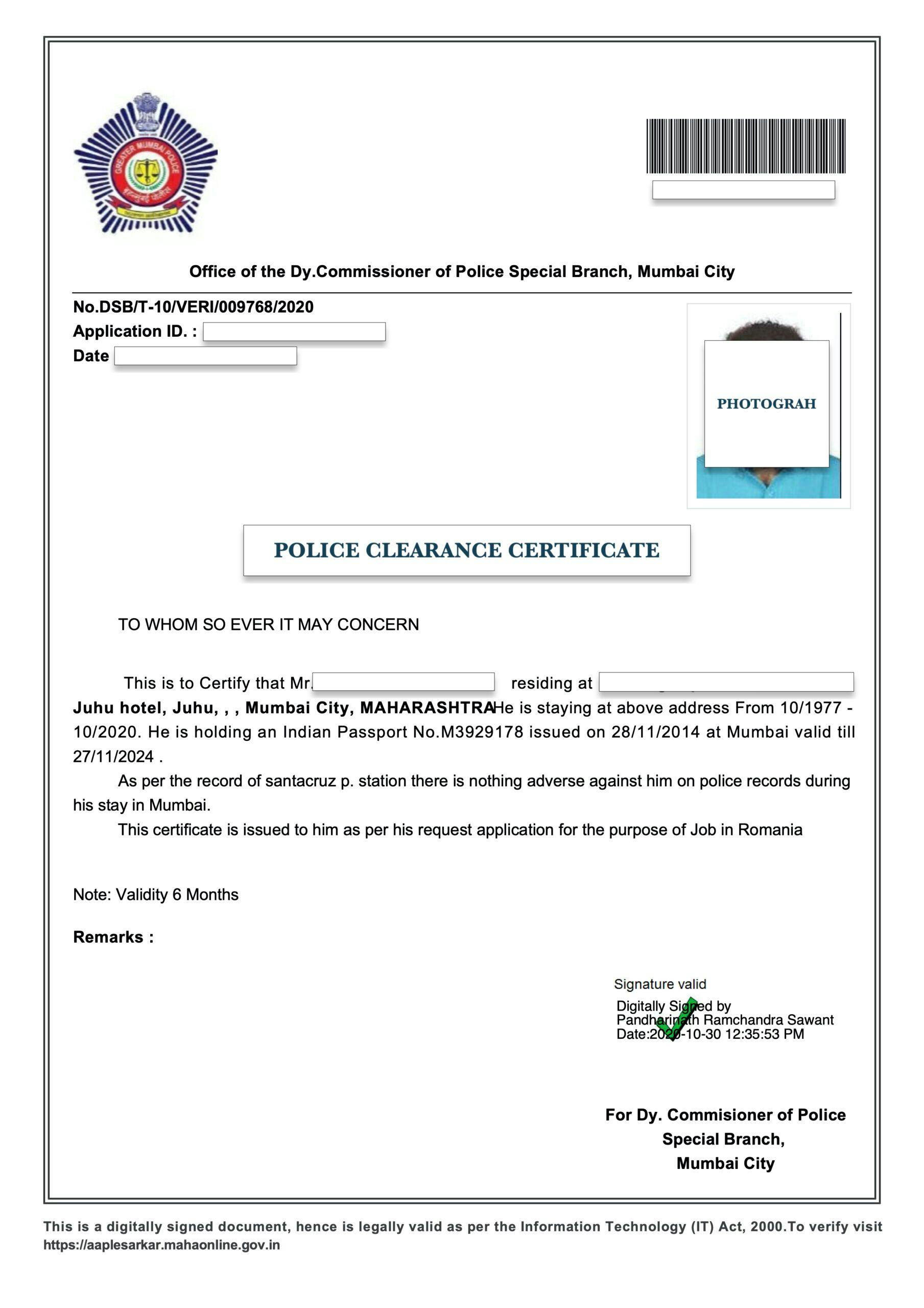 A document showing what the police cearance document looks like